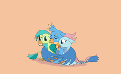 Size: 4171x2532 | Tagged: safe, artist:gd_inuk, character:gallus, character:ocellus, character:sandbar, species:changeling, species:griffon, species:reformed changeling, crying, cute, diaocelles, disguise, disguised changeling, eyes closed, female, gallabetes, graceful, griffonized, high res, hug, male, open mouth, orange background, sandabetes, simple background, sitting, smiling, species swap, tears of joy, trio, wing hold, winghug