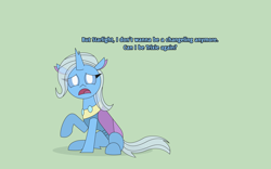 Size: 4136x2589 | Tagged: safe, artist:gd_inuk, character:trixie, species:changeling, species:reformed changeling, changedlingified, changelingified, cute, dialogue, female, green background, high res, implied starlight glimmer, looking at you, open mouth, sad, sadorable, simple background, sitting, species swap, trixieling