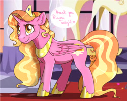Size: 1186x951 | Tagged: safe, artist:ali-selle, character:luster dawn, species:alicorn, species:pony, episode:the last problem, g4, my little pony: friendship is magic, alicornified, crown, dialogue, female, future, history repeats itself, hoof shoes, implied princess twilight, implied twilight sparkle, jewelry, lustercorn, mare, offscreen character, peytral, race swap, regalia, signature, smiling, solo, speech bubble, text, three quarter view, throne room