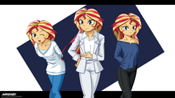 Size: 2560x1440 | Tagged: safe, artist:ngrycritic, character:sunset shimmer, species:human, my little pony:equestria girls, alternate costumes, arm behind back, bare shoulders, bent over, clothing, female, hands behind back, high res, looking at you, one eye closed, pants, solo, style emulation, suit, uotapo-ish, wink
