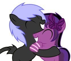 Size: 1156x1004 | Tagged: safe, artist:theironheart, oc, oc only, species:earth pony, species:pony, bow, earth pony oc, eyes closed, female, grin, hair bow, hug, male, mare, oc x oc, shipping, simple background, smiling, stallion, transparent background