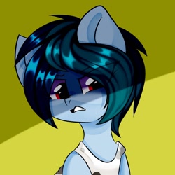 Size: 1000x1000 | Tagged: safe, artist:thieftea, oc, oc only, oc:delta vee, species:pony, bust, disgusted, eye clipping through hair, female, mare, nose wrinkle, simple background, solo, yellow background