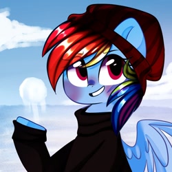 Size: 1000x1000 | Tagged: safe, artist:thieftea, character:rainbow dash, species:pegasus, species:pony, blushing, bust, clothing, cloud, cute, dashabetes, eye clipping through hair, female, hat, mare, sky, smiling, snow, snowball, solo, sweater, toque, winter, winter outfit