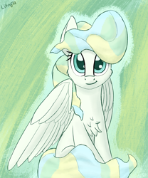 Size: 1250x1500 | Tagged: safe, artist:litrojia, character:vapor trail, species:pegasus, species:pony, g4, abstract background, cheek fluff, chest fluff, cute, female, looking at you, mare, sitting, solo, spread wings, vaporbetes, wings