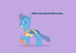 Size: 3573x2505 | Tagged: safe, artist:gd_inuk, character:gallus, species:changeling, species:reformed changeling, changedlingified, changelingified, dialogue, gallus is not amused, gallusling, gritted teeth, high res, implied ocellus, male, one hoof raised, purple background, simple background, solo, species swap, unamused