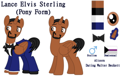 Size: 1024x662 | Tagged: safe, artist:clawort-animations, artist:katnekobase, base used, species:alicorn, species:pony, alicornified, beard, bow tie, clothing, demisexual, demisexual pride flag, facial hair, lance sterling, male, ponified, pride, pride flag, race swap, reference sheet, simple background, spies in disguise, stallion, suit, transparent background