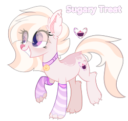 Size: 2539x2409 | Tagged: safe, artist:bublebee123, oc, oc only, oc:sugary treat, species:pony, bell, bell collar, cat, catpony, claws, clothing, collar, female, grin, hybrid, mare, markings, original species, paws, raised hoof, raised leg, simple background, smiling, socks, solo, striped socks, transparent background
