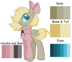 Size: 826x710 | Tagged: safe, artist:otakuchicky1, oc, oc only, oc:brandi muffin, parent:derpy hooves, parent:feather bangs, species:pony, bow, clothing, female, hair bow, hoodie, mare, offspring, parents:derpy bangs, simple background, solo, transparent background