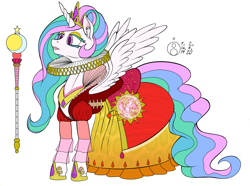 Size: 2000x1491 | Tagged: safe, artist:sepiakeys, character:princess celestia, species:alicorn, species:pony, clothing, colored, dress, elizabethan, eyeshadow, female, hoof shoes, jewelry, makeup, mare, regalia, ruff (clothing), scepter, simple background, solo, white background