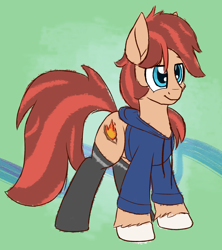 Size: 1200x1350 | Tagged: safe, artist:litrojia, oc, oc only, oc:cottonwood kindle, species:earth pony, species:pony, abstract background, clothing, hoodie, male, sketchy, smiling, socks, solo, stallion, unshorn fetlocks