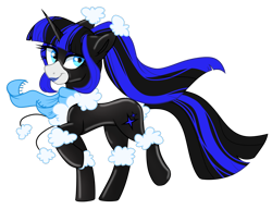 Size: 1280x982 | Tagged: safe, artist:koloredkat, oc, oc only, oc:coldlight bluestar, species:pony, species:unicorn, clothing, female, horn, latex, latex suit, lipstick, looking back, mare, raised hoof, scarf, simple background, solo, transparent background, unicorn oc