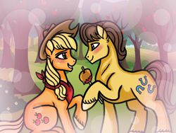Size: 2048x1536 | Tagged: safe, artist:melspyrose, character:applejack, character:caramel, species:earth pony, species:pony, ship:carajack, apple, apple tree, female, male, shipping, straight, tree