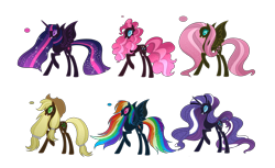 Size: 9138x5604 | Tagged: safe, artist:lumi-infinite64, character:applejack, character:fluttershy, character:nightmare applejack, character:nightmare fluttershy, character:nightmare pinkie pie, character:nightmare rainbow dash, character:nightmare rarity, character:nightmare twilight sparkle, character:pinkie pie, character:rainbow dash, character:rarity, character:twilight sparkle, character:twilight sparkle (alicorn), species:alicorn, species:earth pony, species:pegasus, species:pony, species:unicorn, evil, evil grin, grin, mane six, nightmare, nightmarified, simple background, smiling, transparent background