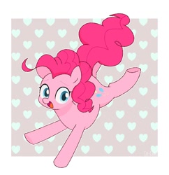 Size: 1162x1200 | Tagged: safe, artist:ch-chau, character:pinkie pie, species:earth pony, species:pony, abstract background, cute, diapinkes, female, heart, mare, open mouth, smiling, solo, underhoof