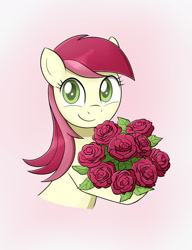 Size: 1000x1300 | Tagged: safe, artist:mew-me, character:roseluck, species:earth pony, species:pony, cute, cuteluck, female, flower, grin, holding, holiday, looking at you, mare, pink background, rose, simple background, smiling, solo, valentine's day