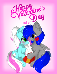 Size: 1320x1700 | Tagged: safe, artist:llhopell, oc, oc:hope(llhopell), oc:soffy, species:earth pony, species:pegasus, species:pony, chocolate, flower, food, hoffy, holiday, love, rose, simple background, valentine's day