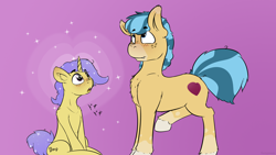 Size: 2560x1440 | Tagged: safe, artist:fuzzypones, species:earth pony, species:pony, species:unicorn, episode:hearts and hooves day, g4, my little pony: friendship is magic, blushing, duo, leg raise, misleading thumbnail, open mouth, sitting, sparkles, standing