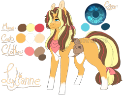Size: 995x768 | Tagged: safe, artist:malinraf1615, oc, oc only, oc:lylianne, parent:applejack, parent:caramel, parents:carajack, species:earth pony, species:pony, bow, female, freckles, hair ribbon, mare, neckerchief, next generation, offspring, pale belly, pouch, reference sheet, simple background, socks (coat marking), solo, tail bow, transparent background, watermark