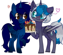 Size: 1293x1120 | Tagged: safe, artist:bublebee123, oc, oc only, oc:elizabat stormfeather, oc:midnight, species:alicorn, species:bat pony, species:pony, alicorn oc, bat pony alicorn, bat pony oc, birthday, birthday cake, birthday gift, blushing, cake, candle, chest fluff, cute, ear fluff, female, food, heart, mare, plate, raised hoof, simple background, smiling, transparent background