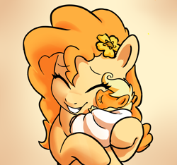 Size: 3533x3300 | Tagged: safe, artist:jimmyjamno1, character:applejack, character:pear butter, species:earth pony, species:pony, baby, baby applejack, baby pony, babyjack, blanket burrito, blessed, cute, dawwww, duo, eyes closed, female, filly, flower, flower in hair, foal, grin, high res, hnnng, hug, jackabetes, kiss on the cheek, kissing, mare, mother and child, mother and daughter, pearabetes, smiling, weapons-grade cute, wholesome, younger