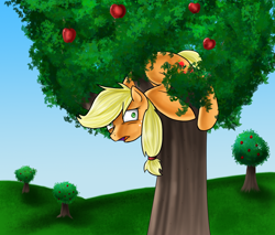 Size: 1400x1192 | Tagged: safe, artist:myhysteria, character:applejack, species:earth pony, species:pony, apple, apple tree, derp, female, frown, grass, hatless, looking at you, mare, missing accessory, open mouth, ponified animal photo, silly, silly pony, solo, stuck, tree, who's a silly pony, wide eyes