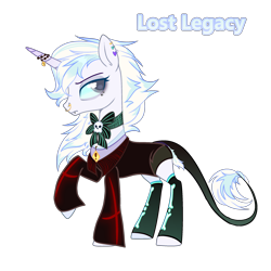 Size: 2500x2500 | Tagged: safe, artist:bublebee123, oc, oc only, oc:lost legacy (ice1517), species:pony, species:unicorn, bone, bow tie, clothing, coat, collar, colored sclera, ear piercing, earring, eyeshadow, female, horn, horn jewelry, jewelry, leonine tail, makeup, mare, nose piercing, nose ring, piercing, raised hoof, shirt, shorts, simple background, skull, snake bites, socks, solo, stockings, t-shirt, thigh highs, transparent background