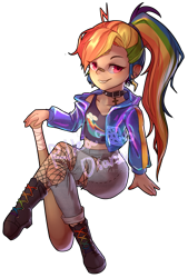 Size: 1280x1895 | Tagged: safe, artist:rikadiane, character:rainbow dash, species:human, baseball bat, boots, clothing, female, humanized, jacket, pants, shoes, simple background, solo, transparent background