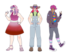 Size: 2732x2048 | Tagged: safe, artist:blacksky1113, artist:bublebee123, edit, character:apple bloom, character:scootaloo, character:sweetie belle, species:human, species:pegasus, species:pony, badge, bandana, belt, bisexual pride flag, boots, bracelet, clothing, collaboration, color edit, colored, converse, cowboy boots, cowboy hat, cutie mark crusaders, dark skin, dress, ear piercing, earring, eyebrow piercing, eyes closed, eyeshadow, feet, female, fingerless gloves, flower, gay pride flag, gloves, grin, hairband, hat, headcanon, heart, high heels, hoodie, humanized, jeans, jewelry, lesbian pride flag, lgbt headcanon, lipstick, makeup, male, nail polish, necklace, nose piercing, older, older apple bloom, older cmc, older scootaloo, older sweetie belle, open mouth, overalls, pants, piercing, pride, pride flag, rainbow socks, ring, rule 63, scarf, scooteroll, sexuality headcanon, shirt, shoes, simple background, smiling, socks, striped socks, suspenders, t-shirt, trans male, transgender, transgender pride flag, transparent background, wall of tags