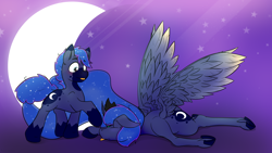 Size: 2560x1440 | Tagged: safe, artist:fuzzypones, character:princess luna, oc, oc:enceladus, species:alicorn, species:earth pony, species:pony, blep, blushing, brother and sister, duo, female, male, moon, mopey, siblings, starry sky, tongue out