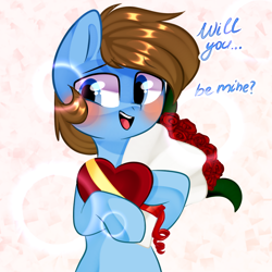 Size: 1000x1000 | Tagged: safe, artist:thieftea, oc, oc:dimi, species:earth pony, species:pony, blushing, bouquet, box of chocolates, flower, looking at you, solo, ych result