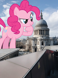 Size: 3024x4032 | Tagged: safe, artist:dipi11, artist:jerryakiraclassics19, character:pinkie pie, species:earth pony, species:pony, cathedral, female, giant pony, giantess, highrise ponies, hoof on chin, irl, london, macro, mare, photo, ponies in real life, raised eyebrow, raised hoof, st paul's cathedral, story included, united kingdom