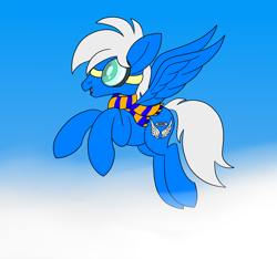 Size: 1920x1800 | Tagged: safe, artist:notadeliciouspotato, oc, oc only, oc:silver seraph, species:pegasus, species:pony, aviator goggles, clothing, cloud, flying, goggles, male, open mouth, scarf, sky, smiling, solo, spread wings, stallion, wings