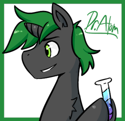 Size: 365x354 | Tagged: safe, artist:peachy-pudding, oc, oc:doctor atom, species:pony, male, science, solo, stallion, test tube, text