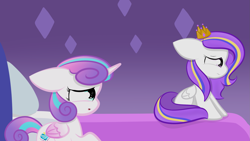 Size: 2109x1187 | Tagged: safe, artist:sugarcloud12, character:princess flurry heart, oc, species:alicorn, species:pegasus, species:pony, g4, bed, crown, cutie mark, duo, duo female, female, females only, filly, horn, jewelry, older, older flurry heart, pillow, regalia, sad, wings