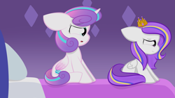 Size: 2109x1187 | Tagged: safe, artist:sugarcloud12, character:princess flurry heart, species:alicorn, species:pegasus, species:pony, g4, bed, crown, cutie mark, duo, duo female, female, females only, filly, horn, jewelry, older, older flurry heart, pillow, regalia, sad, wings