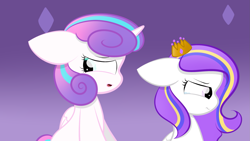 Size: 2109x1187 | Tagged: safe, artist:sugarcloud12, character:princess flurry heart, oc, species:alicorn, species:pegasus, species:pony, g4, crown, duo, duo female, female, females only, filly, horn, jewelry, older, older flurry heart, open mouth, regalia, teary eyes, wings