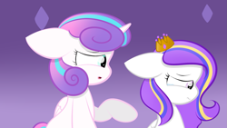 Size: 2109x1187 | Tagged: safe, artist:sugarcloud12, character:princess flurry heart, oc, species:alicorn, species:pegasus, species:pony, g4, crown, duo, duo female, female, females only, filly, horn, jewelry, older, older flurry heart, regalia, teary eyes, wings
