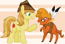 Size: 1960x1324 | Tagged: safe, artist:katnekobase, artist:kinkydoodle, artist:thieeur-nawng, base used, character:braeburn, character:little strongheart, species:earth pony, species:pony, ship:braeheart, abstract background, female, male, mare, raised hoof, shipping, straight