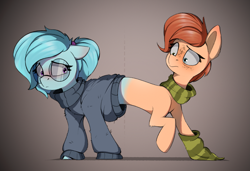 Size: 2785x1906 | Tagged: safe, artist:rexyseven, oc, oc only, oc:rusty gears, oc:whispy slippers, species:earth pony, species:pony, catdog, clothing, female, fusion, glasses, mare, scarf, socks, striped socks, sweater