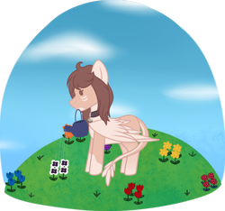 Size: 1280x1198 | Tagged: safe, artist:okimichan, oc, oc:mun, species:pegasus, species:pony, chibi, female, flower, mare, mouth hold, solo, watering can