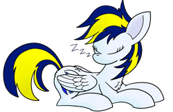 Size: 1239x807 | Tagged: safe, artist:notadeliciouspotato, oc, oc only, oc:huracata, species:pegasus, species:pony, chest fluff, eyes closed, female, folded wings, mare, onomatopoeia, prone, simple background, sleeping, solo, sound effects, transparent background, wings, zzz
