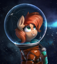 Size: 2211x2468 | Tagged: safe, artist:rexyseven, oc, oc only, oc:rusty gears, species:earth pony, species:pony, g4, astronaut, crack, cute, danger, female, freckles, helmet, high res, leaves, mare, ocbetes, solo, space, space suit, this will end in death