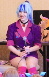 Size: 1519x2371 | Tagged: safe, artist:littlemissbloo, artist:sarahndipity cosplay, character:sonata dusk, species:human, my little pony:equestria girls, boots, clothing, cosplay, costume, cute, gem, irl, irl human, microphone, miniskirt, pantyhose, photo, plushie, ponytail, shoes, siren gem, sitting, skirt, smiling, socks, the dazzlings, thighs, underwear, upskirt