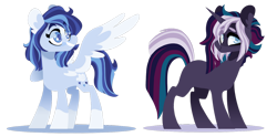 Size: 1600x796 | Tagged: safe, artist:torusthescribe, oc, oc:azure, oc:eventide eclipse, parent:tempest shadow, parent:twilight sparkle, parents:tempestlight, species:pegasus, species:pony, species:unicorn, female, magical lesbian spawn, mare, offspring, simple background, transparent background, two toned wings, wings