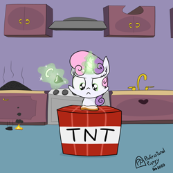 Size: 4000x4000 | Tagged: safe, artist:professionalpuppy, character:sweetie belle, species:pony, species:unicorn, bread, cooking, explosives, female, filly, food, kitchen, levitation, lighter, magic, minecraft, pyro belle, sweetie belle can't cook, sweetie belle's magic brings a great big smile, sweetie fail, telekinesis, this will end in death, this will end in explosions, this will end in tears, this will end in tears and/or breakfast, this will end in tears and/or death, this will end in tears and/or death and/or covered in tree sap, tnt, toast, what could possibly go wrong, xk-class end-of-the-kitchen scenario