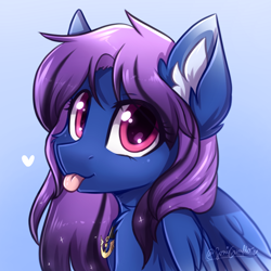 Size: 1000x1000 | Tagged: safe, artist:sonigiraldo, oc, oc only, oc:aurora (zenzii), species:pegasus, species:pony, blue background, brooch, bust, cute, ear fluff, ethereal mane, female, floating heart, galaxy mane, heart, mare, portrait, purple mane, red eyes, simple background, smiling at you, solo, tongue out