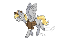 Size: 1280x853 | Tagged: safe, artist:flaming-trash-can, character:derpy hooves, species:pegasus, species:pony, bag, clothing, female, letter, mailmare, mare, no pupils, profile, saddle bag, simple background, solo, white background