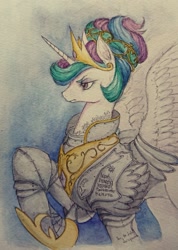 Size: 629x881 | Tagged: safe, artist:daisymane, character:princess celestia, species:alicorn, species:pony, armor, female, mare, raised hoof, solo, traditional art, translation request, warrior, warrior celestia, watercolor painting
