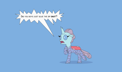 Size: 4242x2507 | Tagged: safe, artist:gd_inuk, character:ocellus, species:changeling, species:reformed changeling, blue background, clothing, desperation, dialogue, distressed, fangs, female, footed sleeper, high res, need to pee, omorashi, pajamas, potty emergency, potty time, shrunken pupils, simple background, solo, speech bubble, story included, zipper