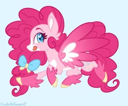 Size: 979x816 | Tagged: safe, artist:dreamyeevee, character:pinkie pie, species:pegasus, species:pony, g5 leak, leak, bow, female, hooves, mare, pegasus pinkie pie, pinkie pie (g5), race swap, redesign, simple background, solo, spread wings, tongue out, wings